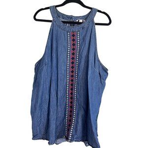 Cato Top Women 26 Blue Chambray Halter Embroidery Boho Western 80s Retro Artsy